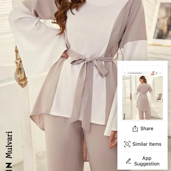 SHEIN Mulvari Colorblock Trumpet Sleeve Blouse
& Belted Pants - Picture 6 of 6